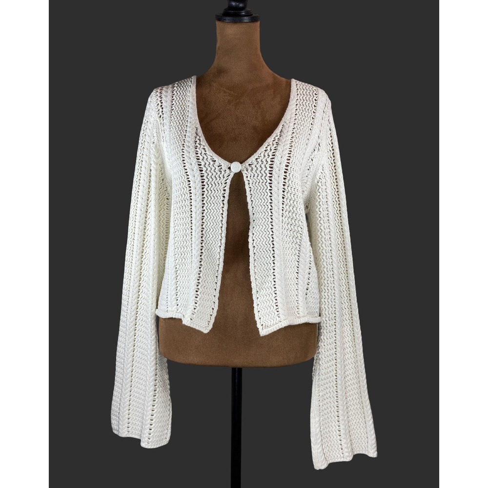 Willow + Root Cream Open Knit Cropped Cardigan Bell Sleeve Large Crochet Cottage